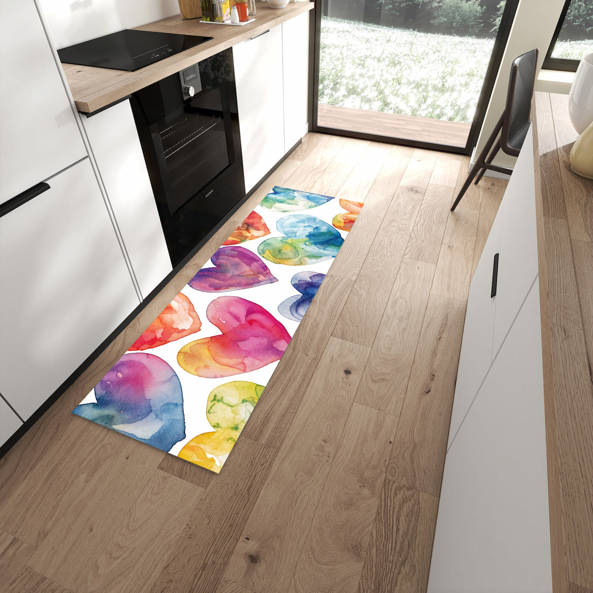 Komfortabler Küchenläufer mit Motiv Aquarellherzen in moderner Küche