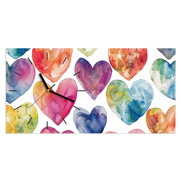 Wanduhr Aquarellherzen aus Glas – Querformat 60 × 30 cm mit Ziffernblatt Linie