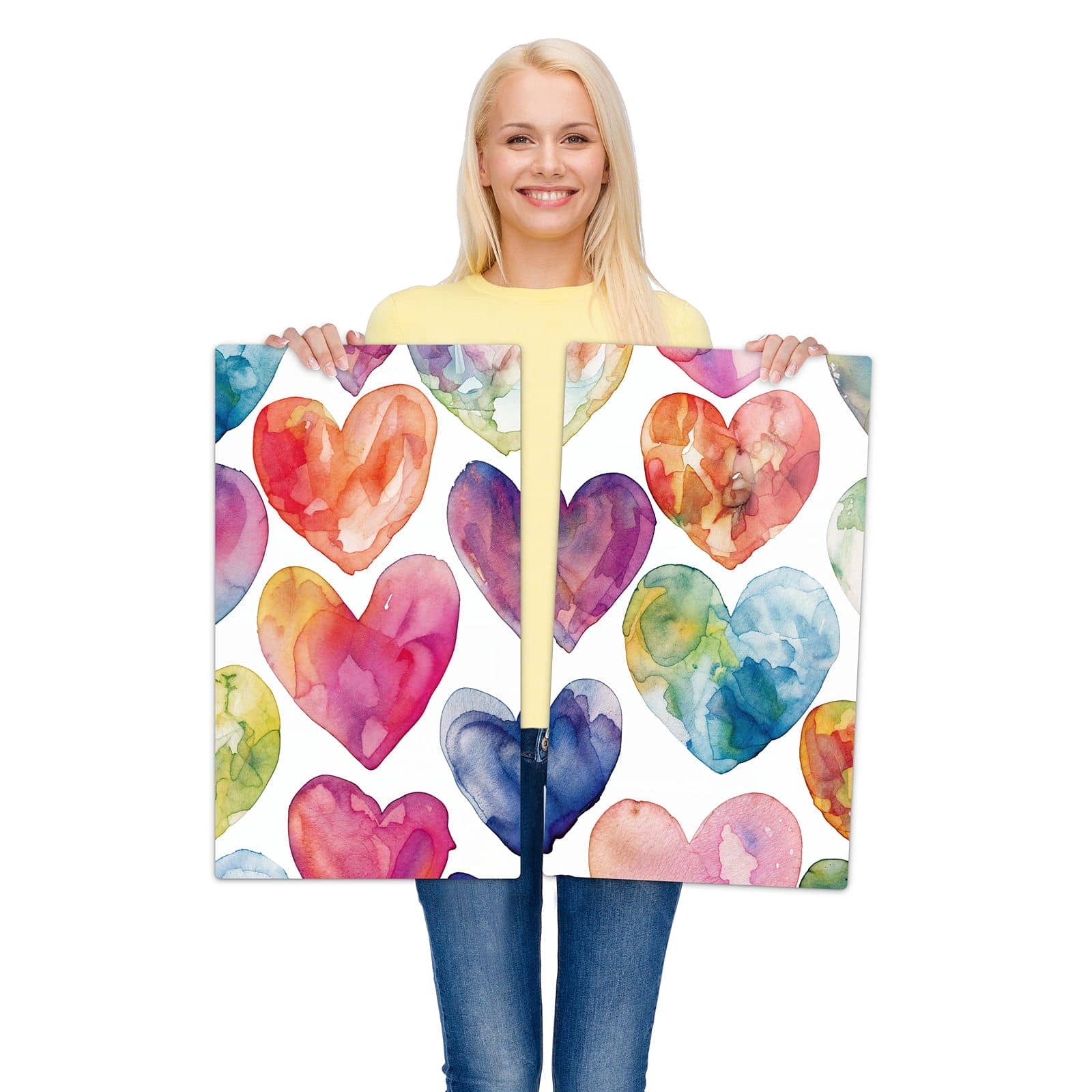 2-teilige Abdeckplatten für Ceranfeld mit Aquarellherzen-Motiv wird zur Größendarstellung gehalten