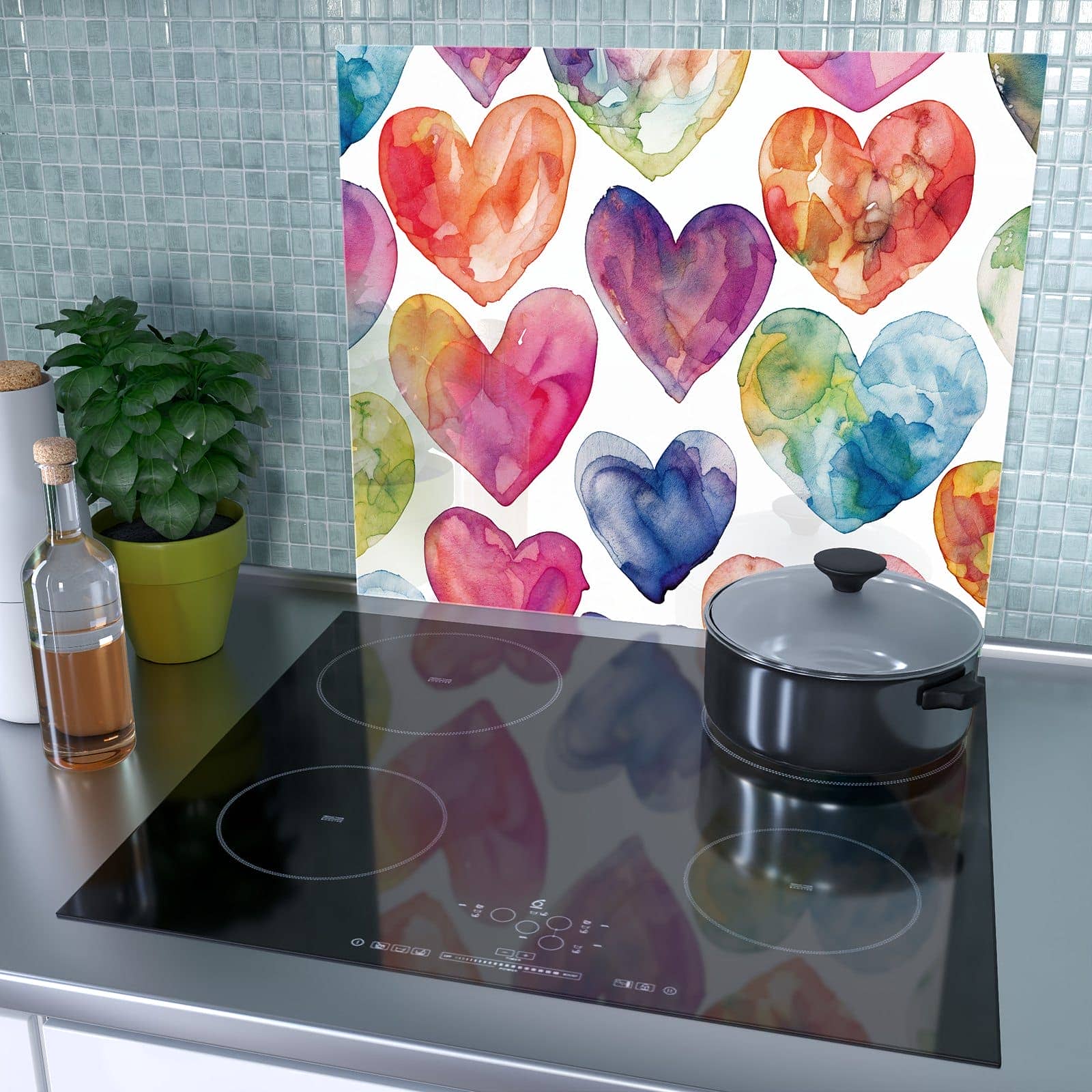 1-teilige Abdeckplatten für Herd mit Aquarellherzen-Motiv als Spritzschutz hinter dem Kochfeld