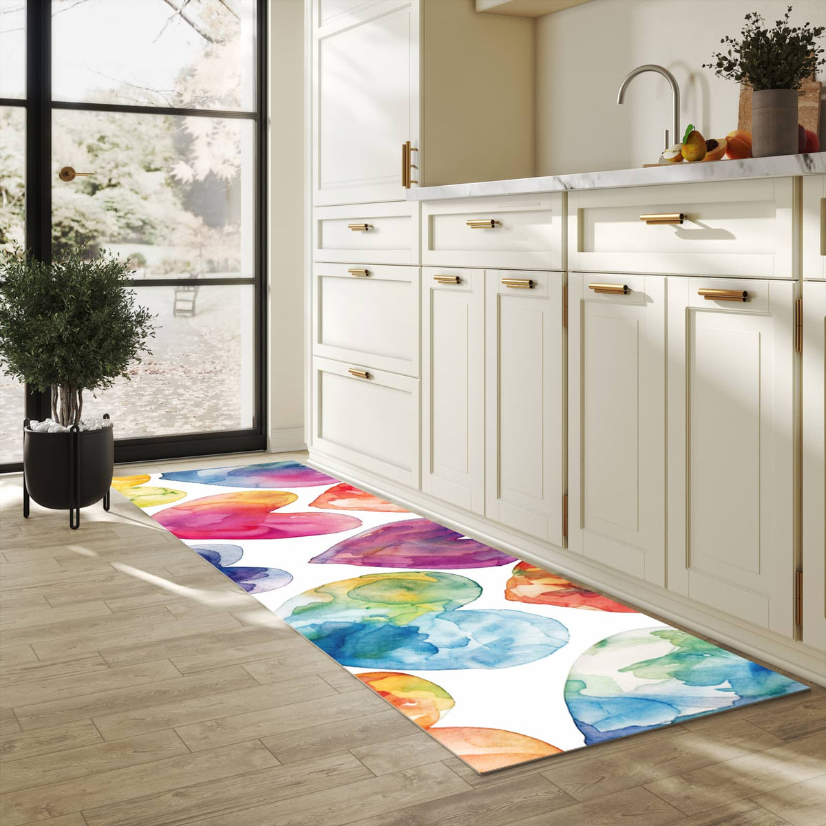 Langlebiger Teppichläufer mit Motiv Aquarellherzen in heller Küche