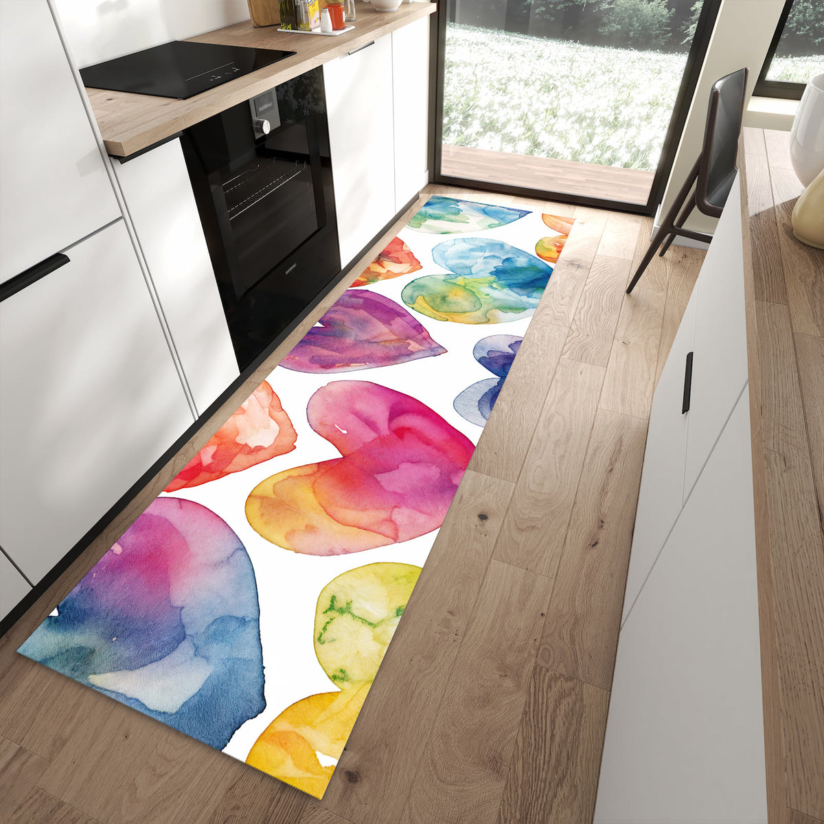 Langlebiger Küchenläufer mit Motiv Aquarellherzen in moderner Küche