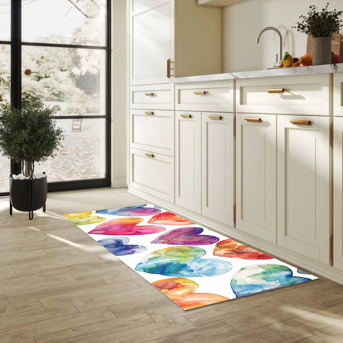 Schmutzabweisender Küchenläufer mit Motiv Aquarellherzen in heller Küche