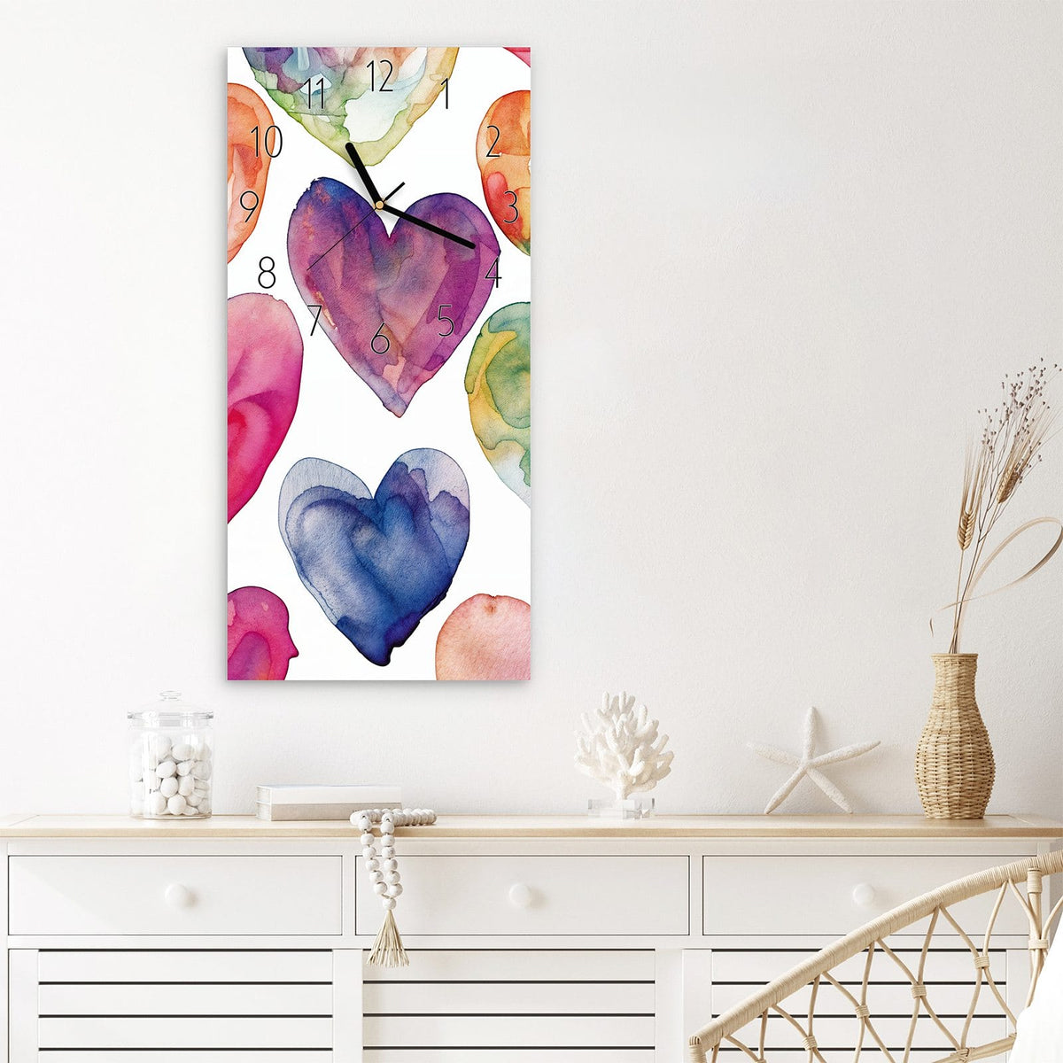 Wanduhr Aquarellherzen aus Glas – Bunte Herzen in Aquarell