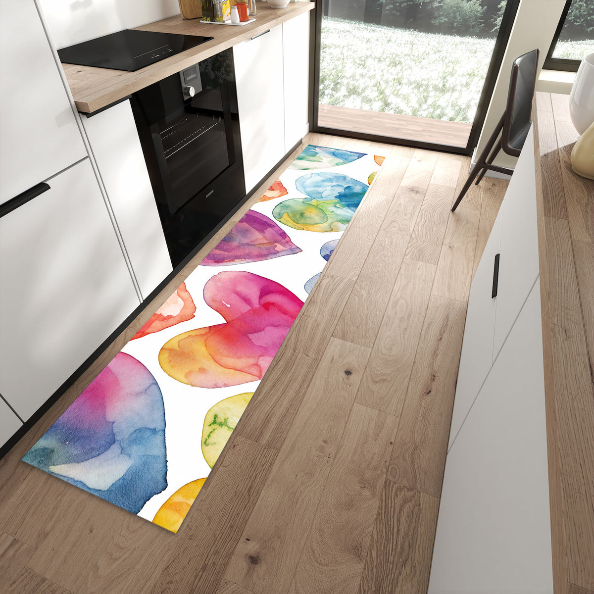 Pflegeleichter Küchenläufer mit Motiv Aquarellherzen in moderner Küche