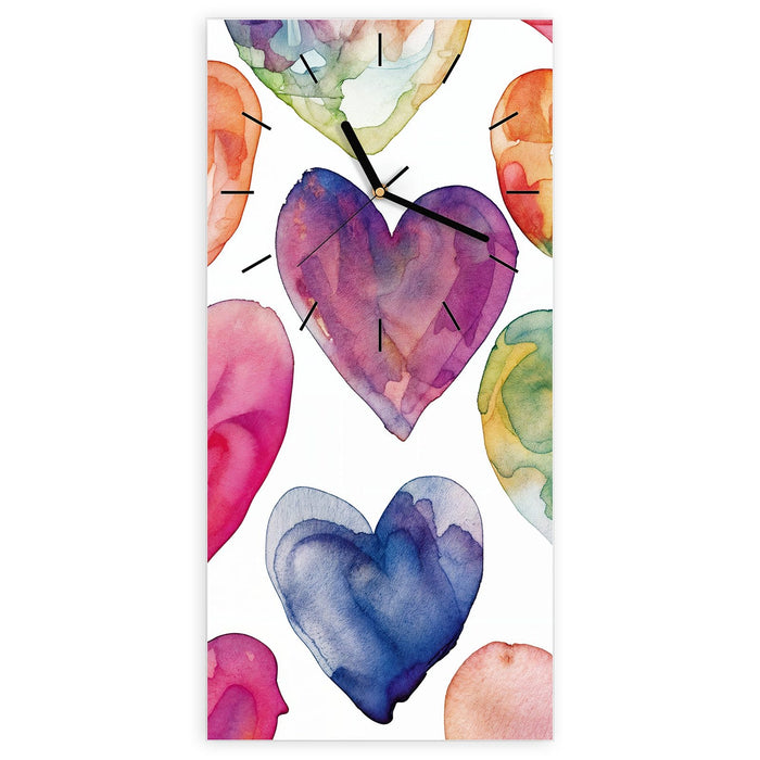Wanduhr Aquarellherzen aus Glas – Hochformat 30 × 60 cm mit Ziffernblatt Linie