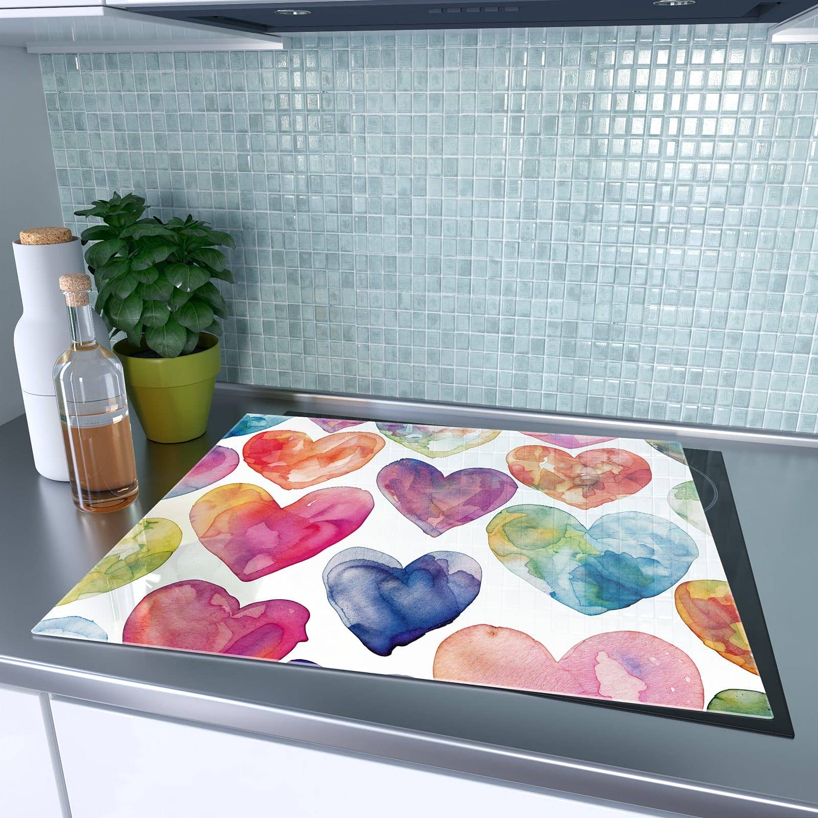 1-teilige Glasabdeckplatte für Ceranfeld mit Aquarellherzen-Motiv auf dem Ceranfeld