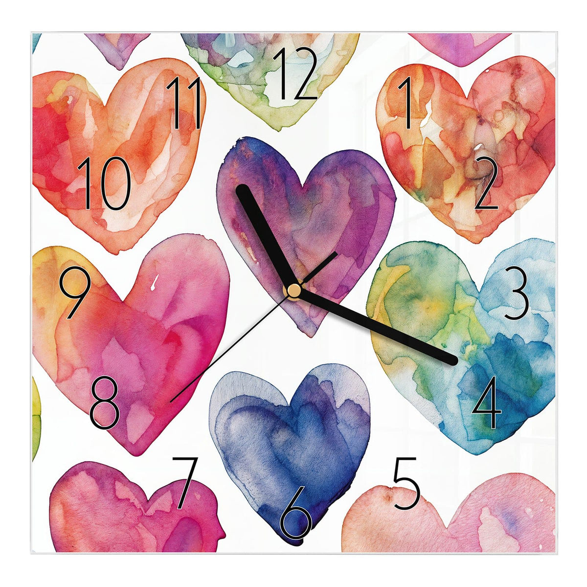 Wanduhr aus Glas, Ziffernblatt Elegant: Große Herzen in Aquarellfarben von Rot bis Blau auf weißem Grund #ziffernblatt_Elegant