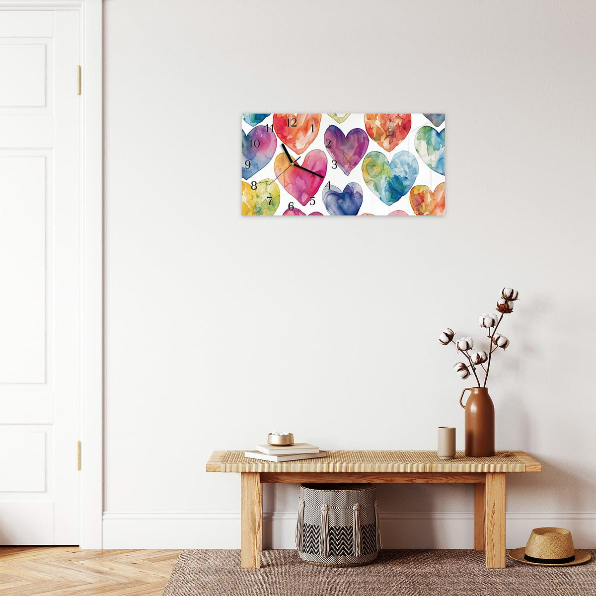 Moderne Wanduhr aus Glas mit Farbtiefe – Wanduhr Aquarellherzen aus Glas – Querformat 60 × 30 cm