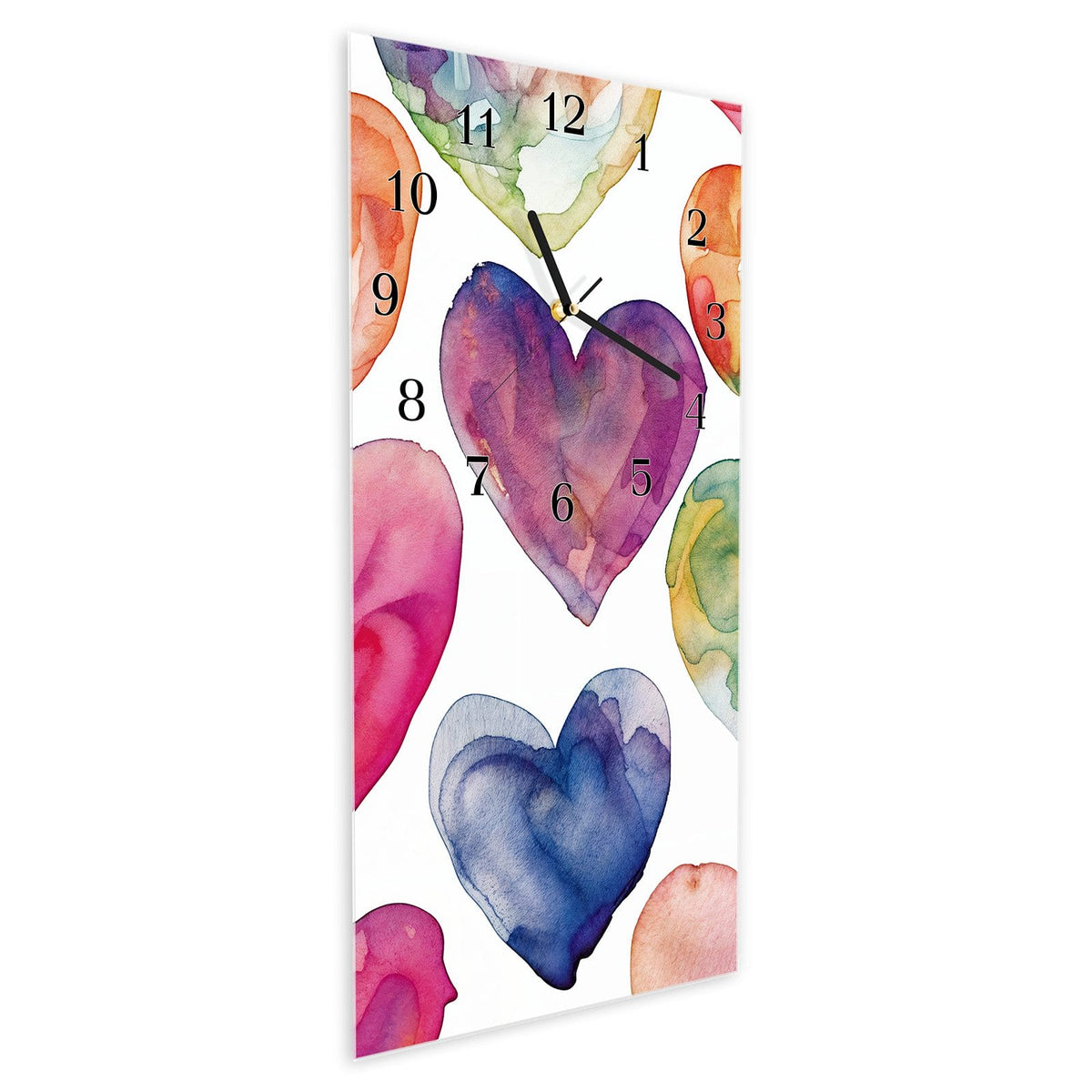 Vormontiert – mit Schwebeeffekt – Wanduhr Aquarellherzen aus Glas – Hochformat 30 × 60 cm