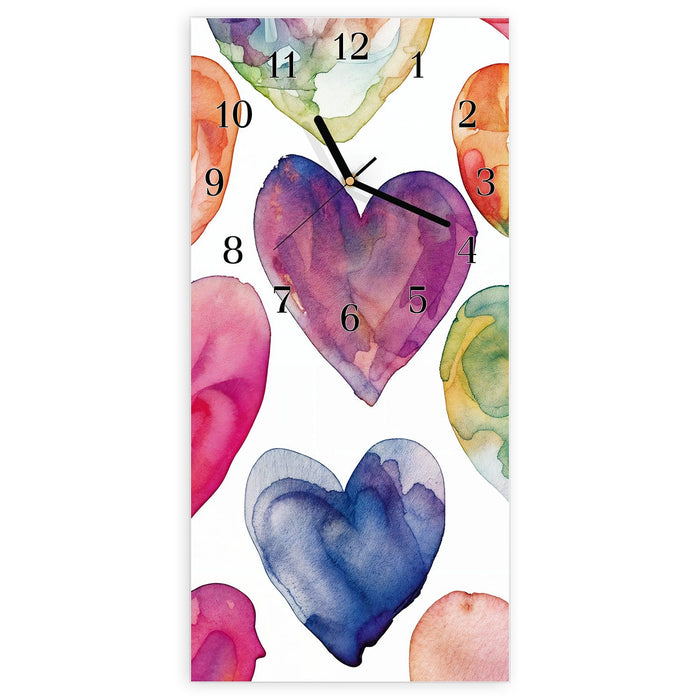 Wanduhr Aquarellherzen aus Glas – Hochformat 30 × 60 cm mit Ziffernblatt Klassisch
