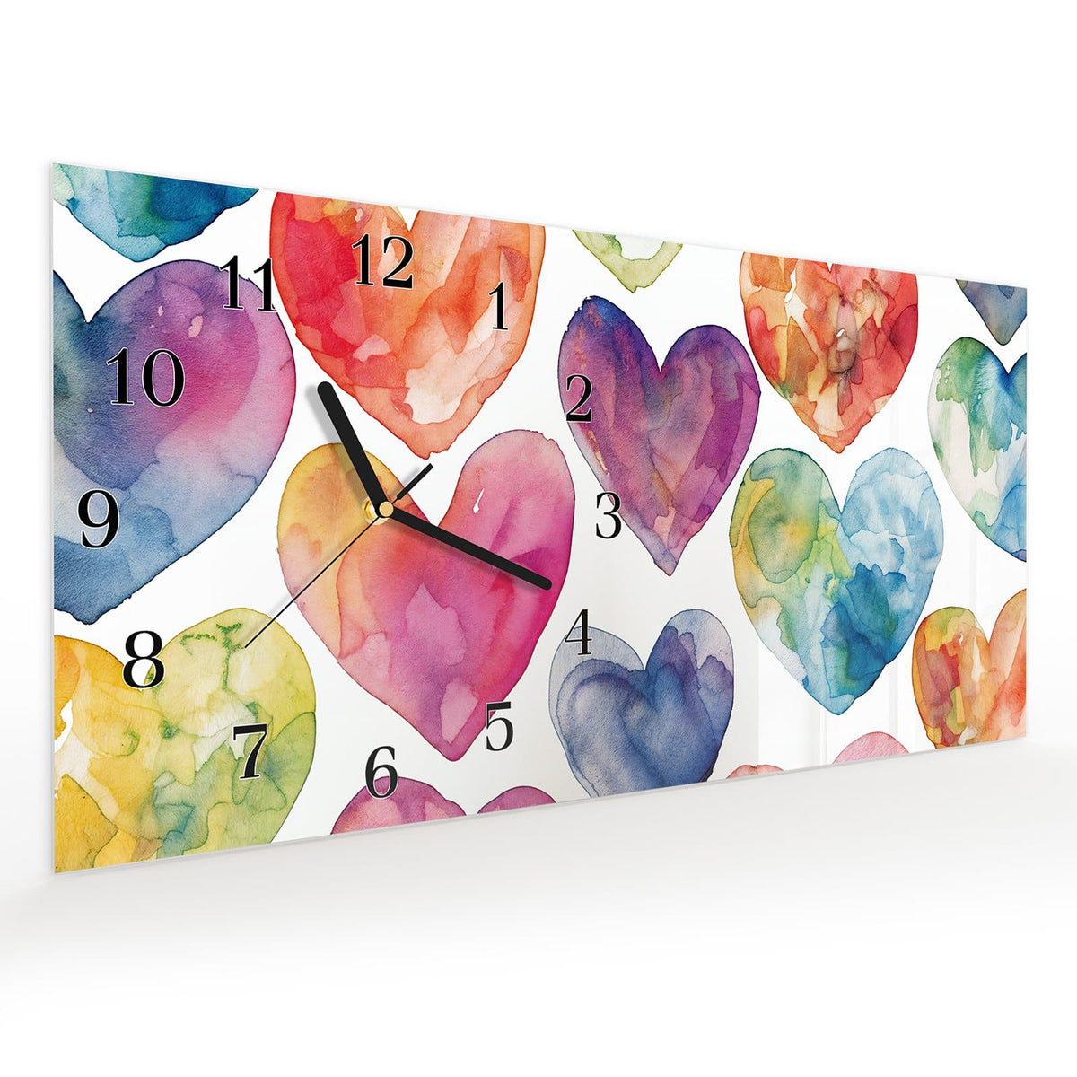 Vormontiert – mit Schwebeeffekt – Wanduhr Aquarellherzen aus Glas – Querformat 60 × 30 cm