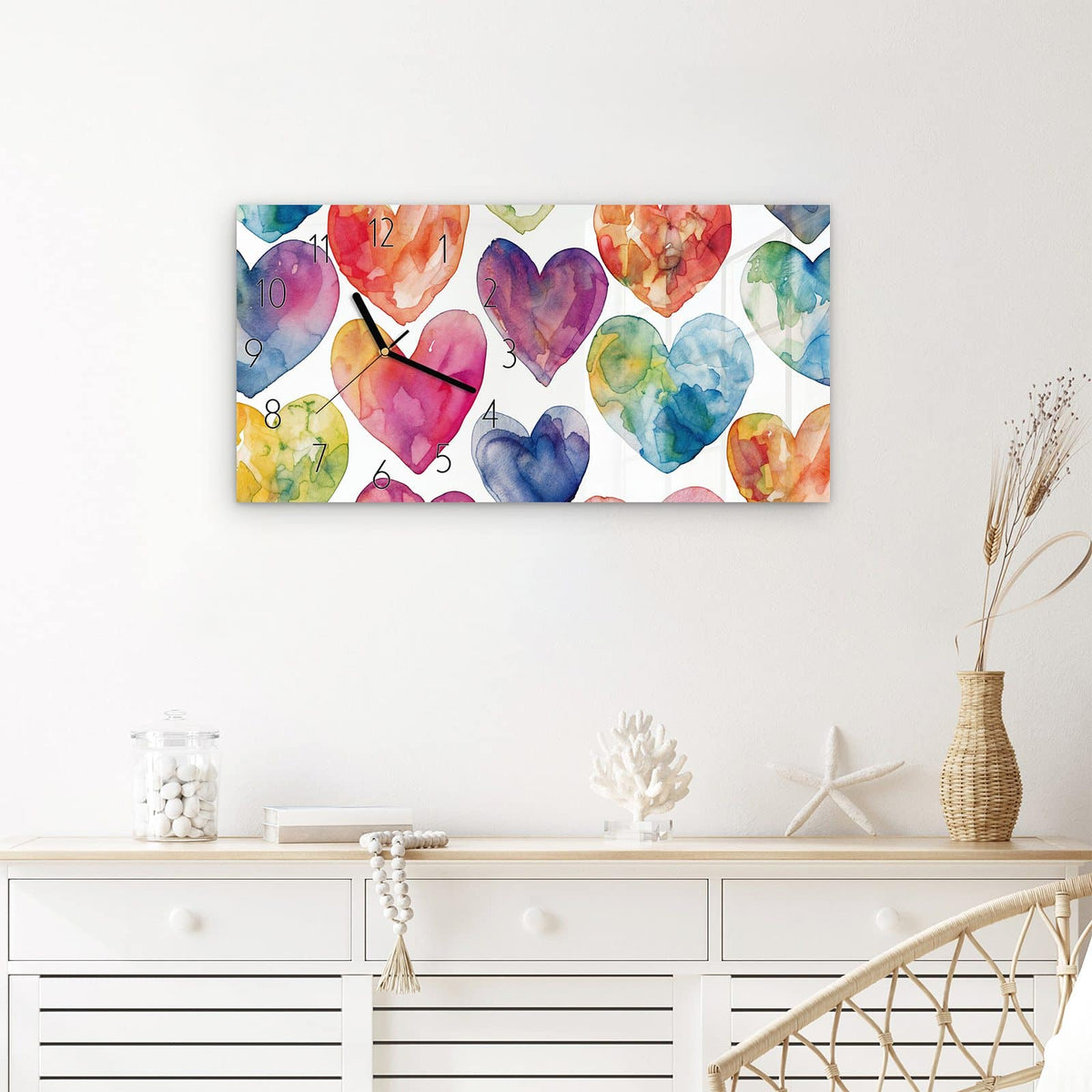 Wanduhr Aquarellherzen aus Glas – Querformat 60 × 30 cm – Bunte Herzen in Aquarell
