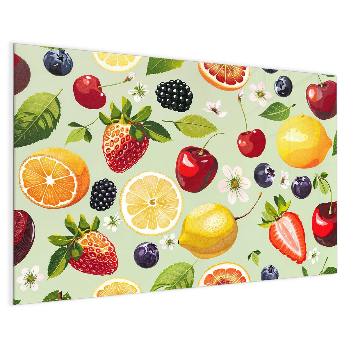 4 mm Glas statt lackiertem Blech – Magnettafel - Früchte auf Pastellgrün