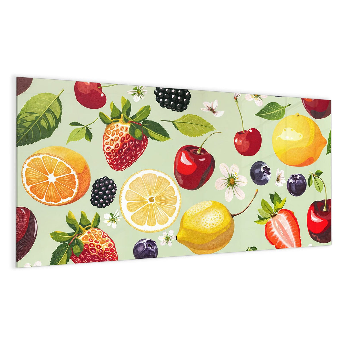 Illustriertes Muster aus Zitronen, Kirschen, Erdbeeren, Beeren und Blüten auf pastellgrünem Grund