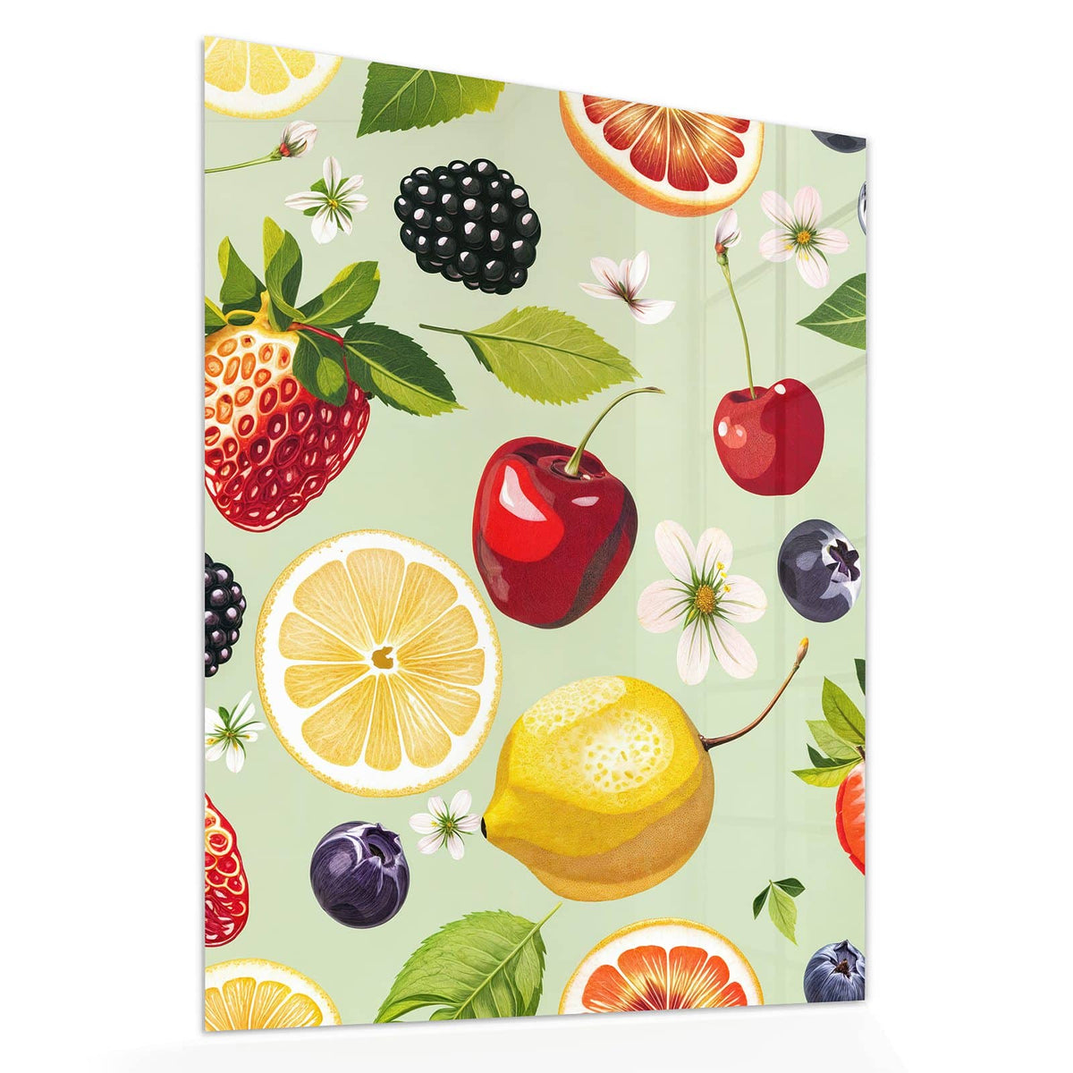 Echtglas, 4 mm – kein Acryl, keine Folie – Wandbild - Früchte auf Pastellgrün - Hochformat