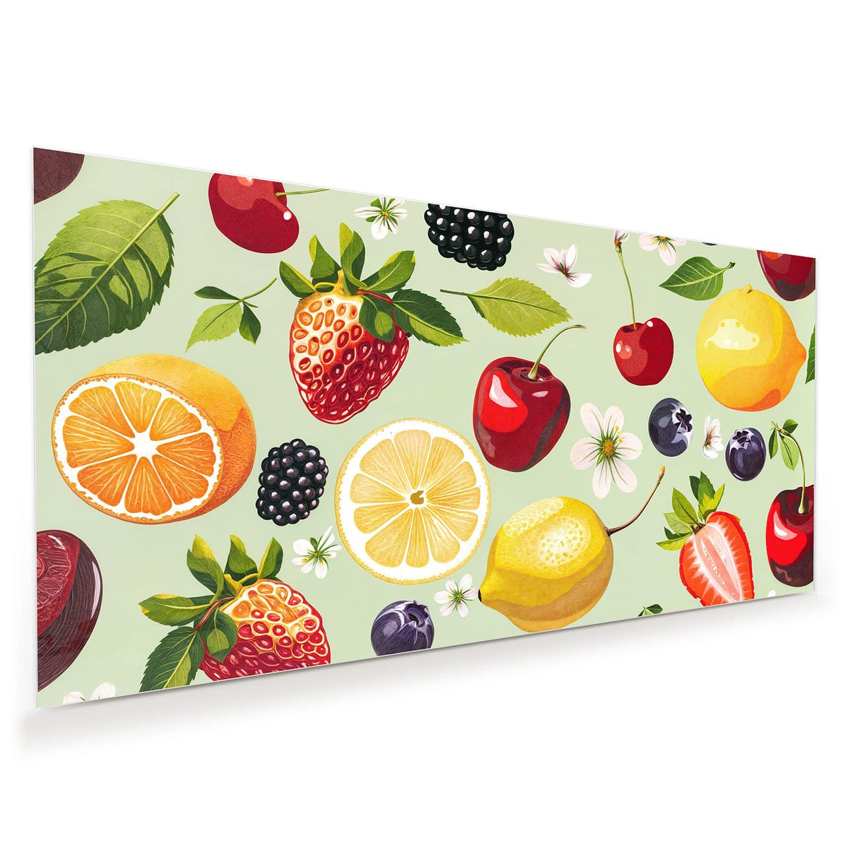 Illustriertes Muster aus Zitronen, Kirschen, Erdbeeren, Beeren und Blüten auf pastellgrünem Grund