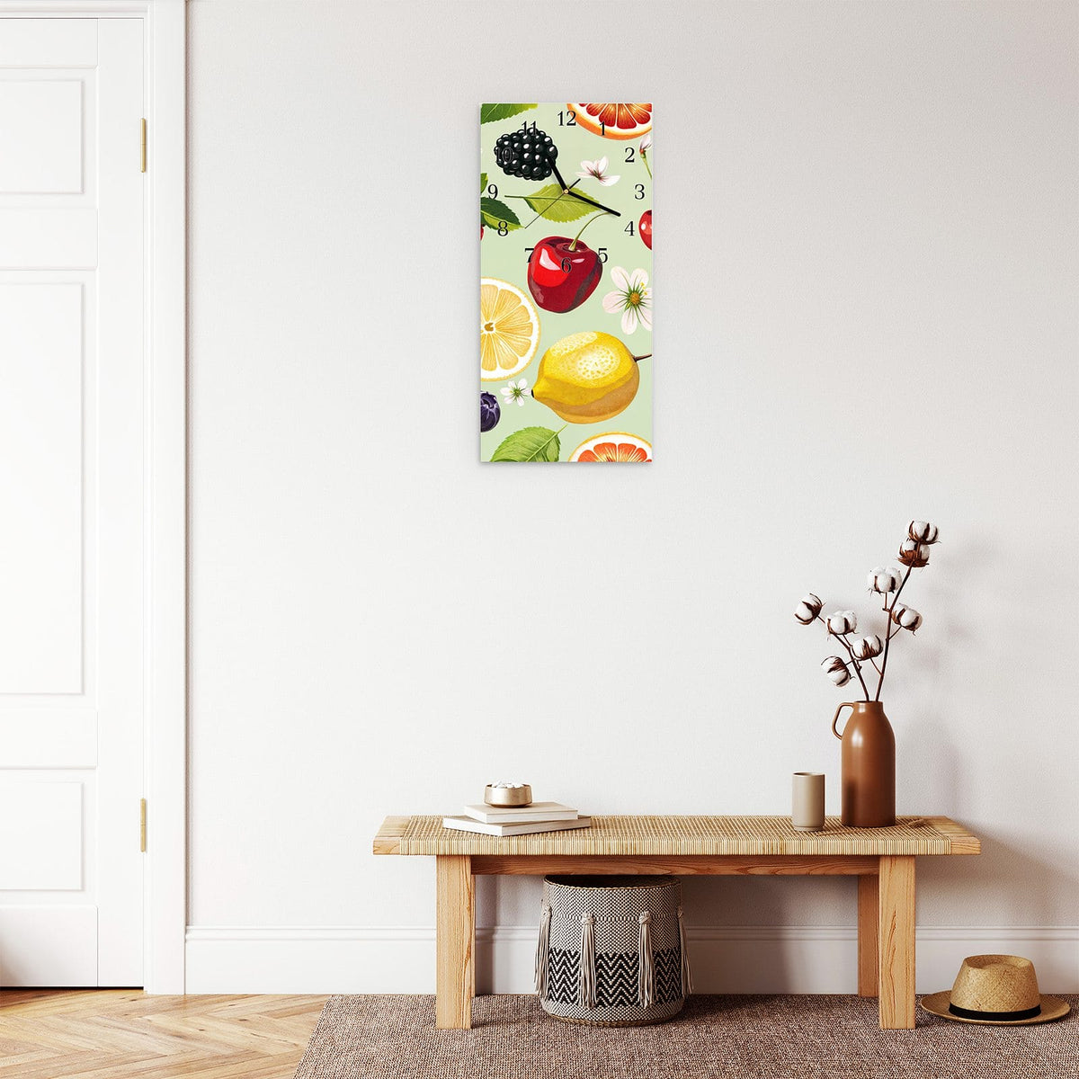Moderne Wanduhr aus Glas mit Farbtiefe – Wanduhr Fruchtmix aus Glas – Hochformat 30 × 60 cm
