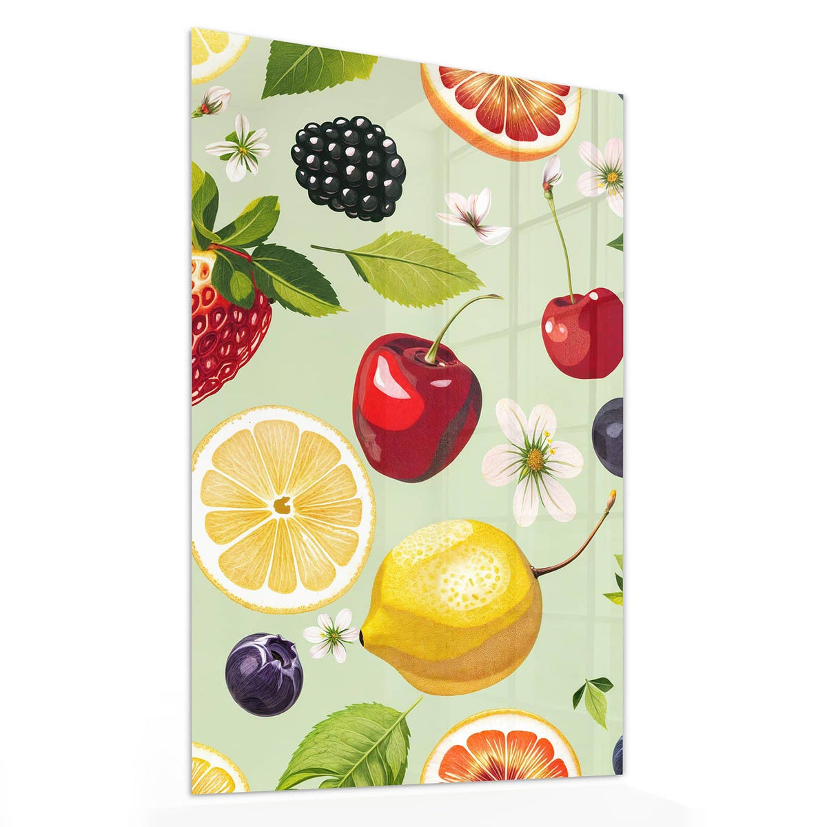 11 Größen – von 30 × 60 bis 60 × 150 cm – Wandbild - Früchte auf Pastellgrün - Hochformat