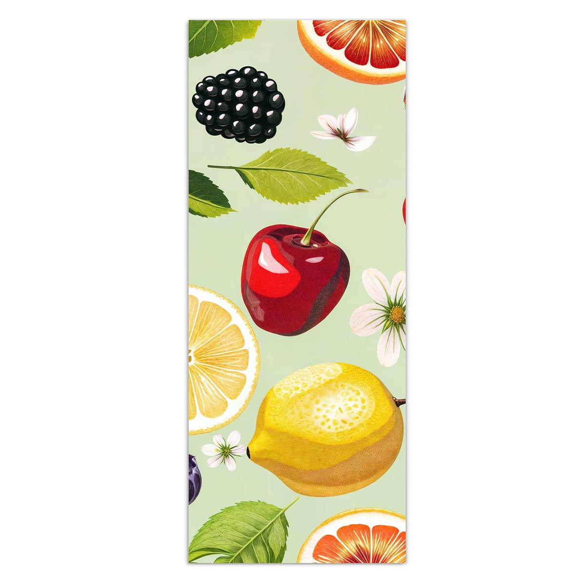 Wandbild - Früchte auf Pastellgrün - Hochformat – Beeren und Zitrusfrüchte auf Pastellgrün