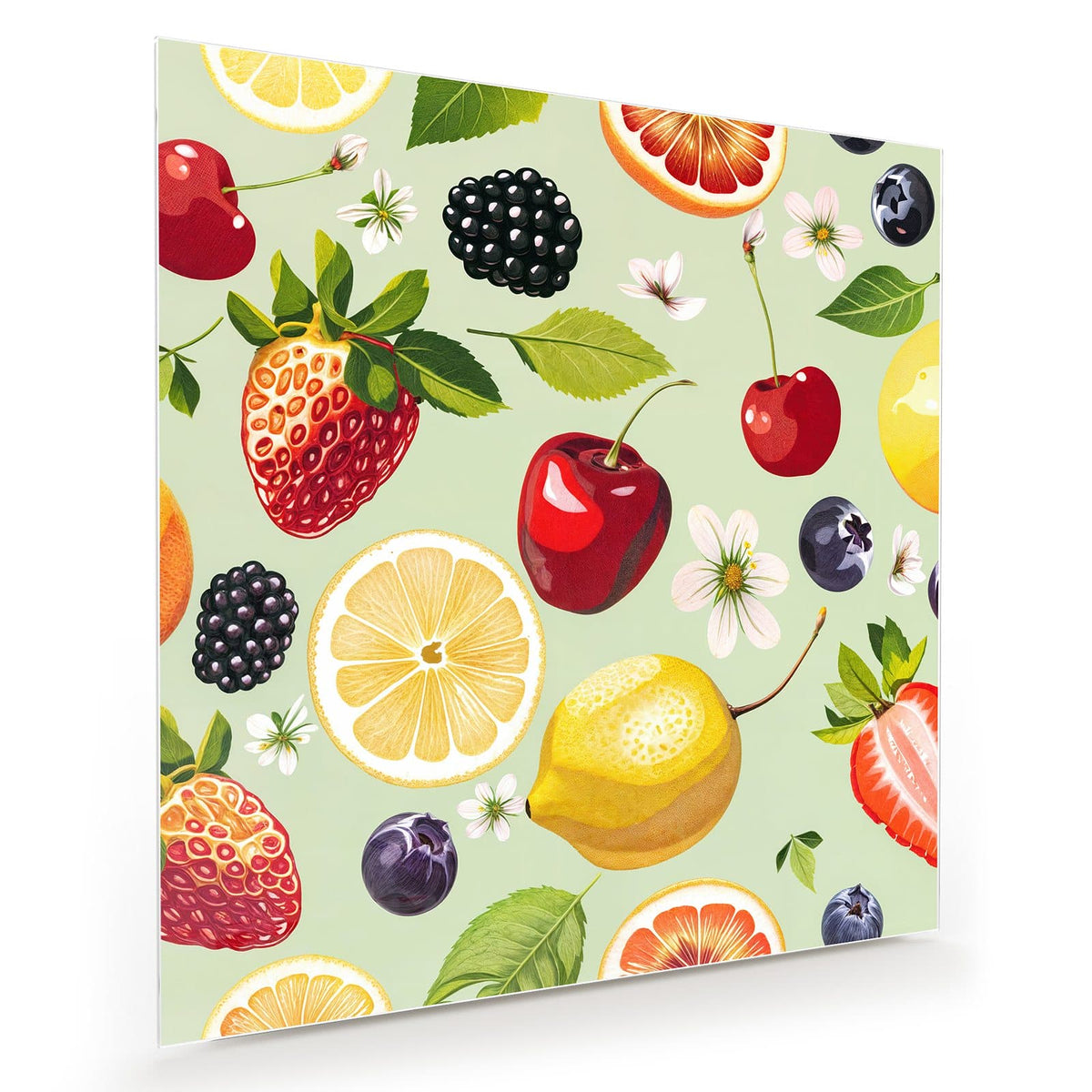 Illustriertes Muster aus Zitronen, Kirschen, Erdbeeren, Beeren und Blüten auf pastellgrünem Grund