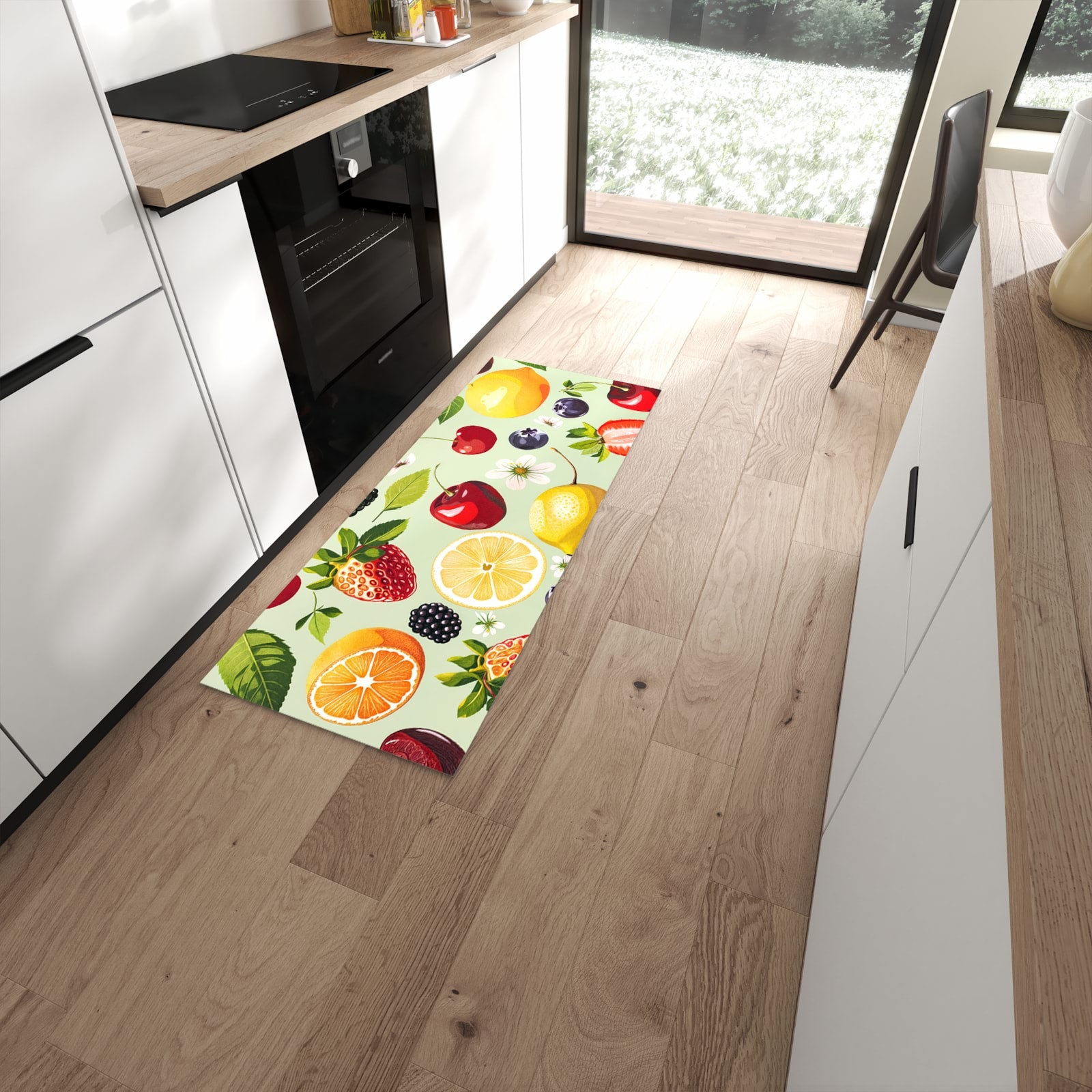 Flacher Küchenteppich mit Motiv Fruchtmix in moderner Küche - waschbar #grösse_60 x 150 cm