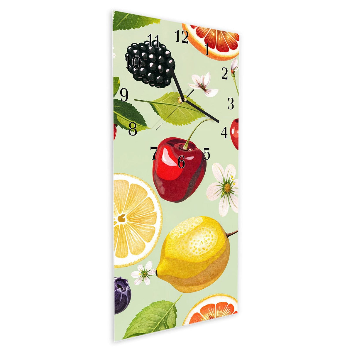 Vormontiert – mit Schwebeeffekt – Wanduhr Fruchtmix aus Glas – Hochformat 30 × 60 cm