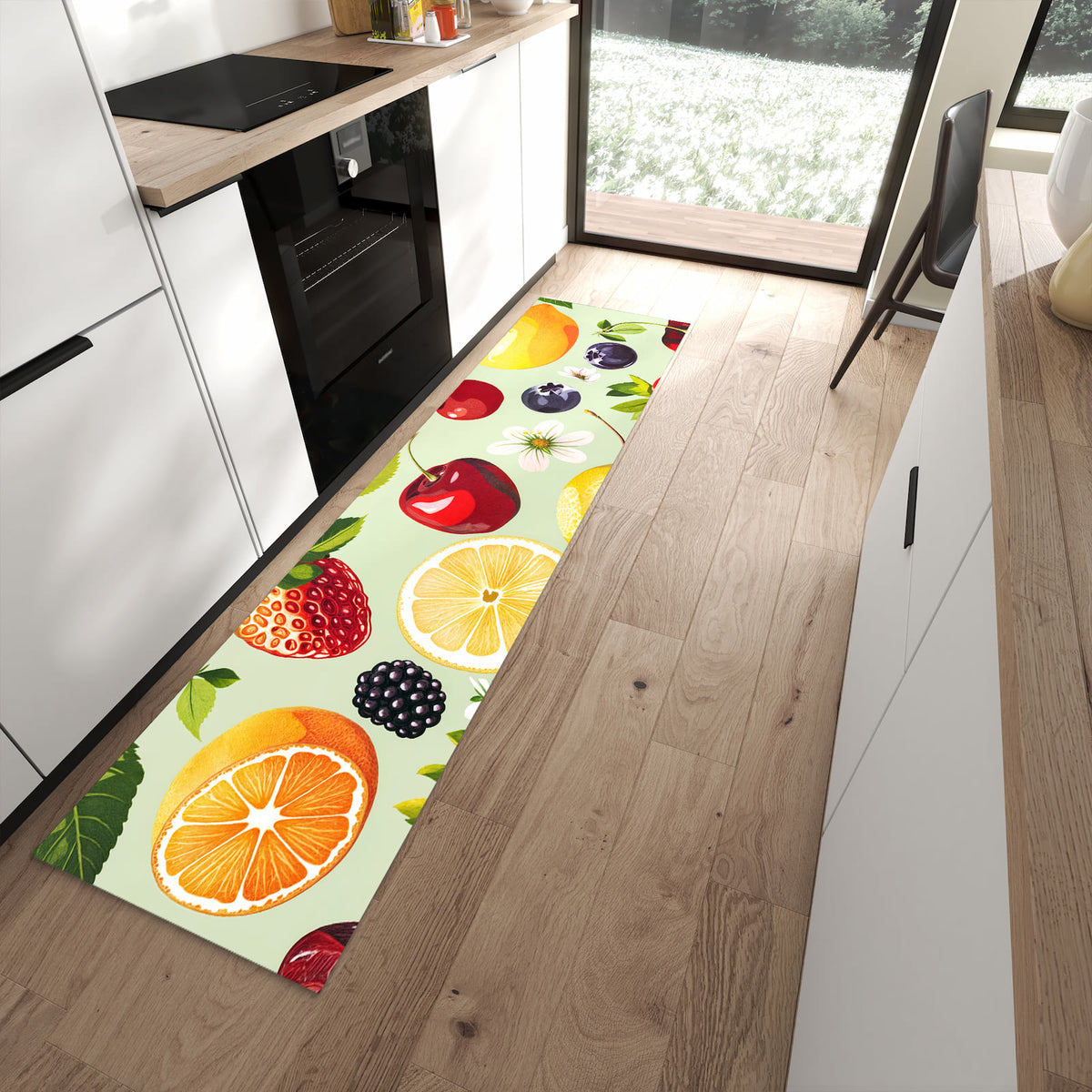 Komfortabler großer Küchenteppich mit Motiv Fruchtmix in moderner Küche