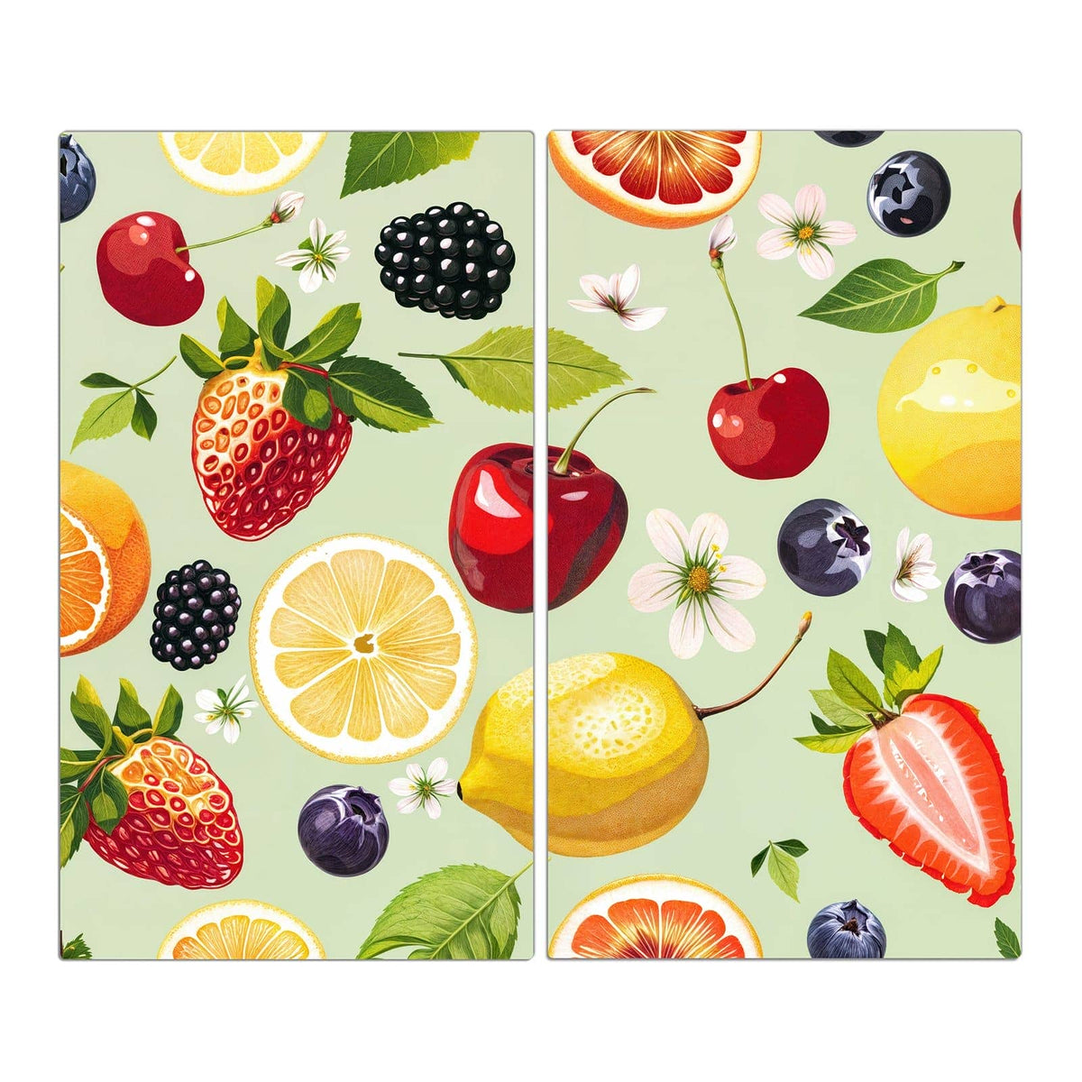Illustriertes Muster aus Zitronen, Kirschen, Erdbeeren, Beeren und Blüten auf pastellgrünem Grund