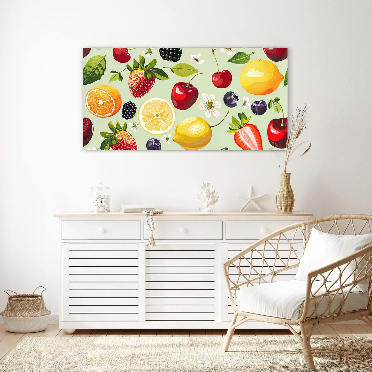 Echtglas, 4 mm – kein Acryl, keine Folie – Wandbild - Früchte auf Pastellgrün - Querformat