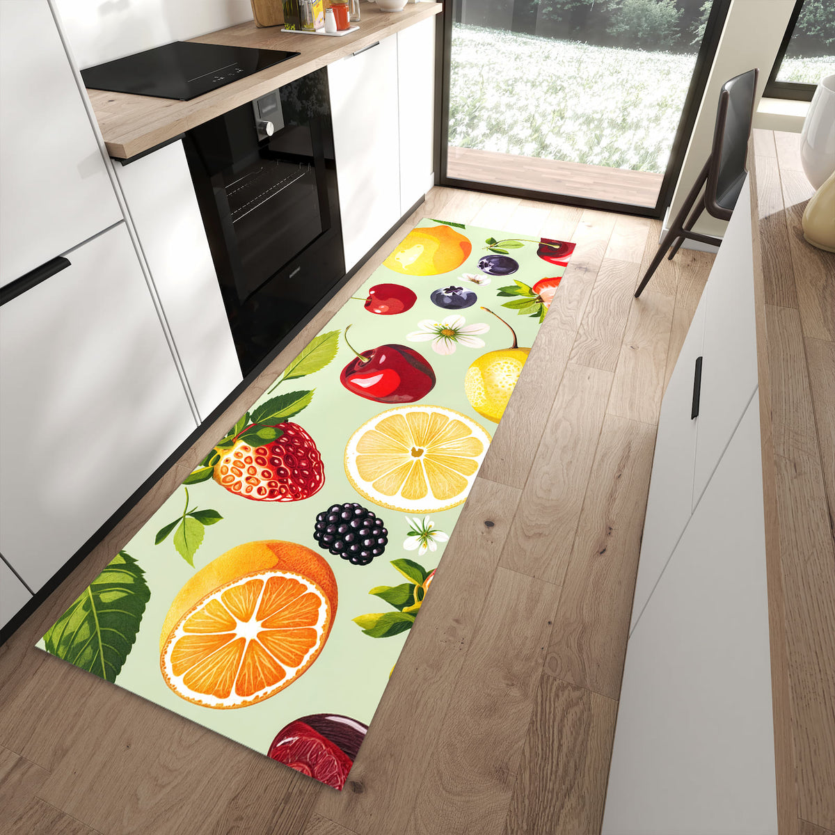 Strapazierfähiger Küchenläufer mit Motiv Fruchtmix in moderner Küche