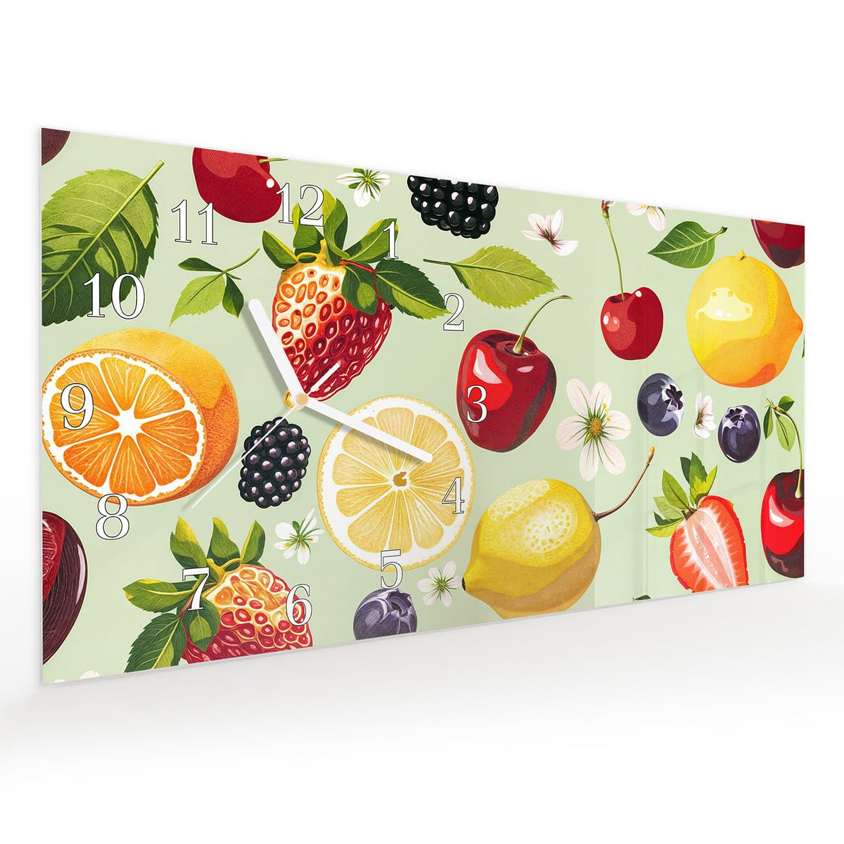 Vormontiert – mit Schwebeeffekt – Wanduhr Fruchtmix aus Glas – Querformat 60 × 30 cm
