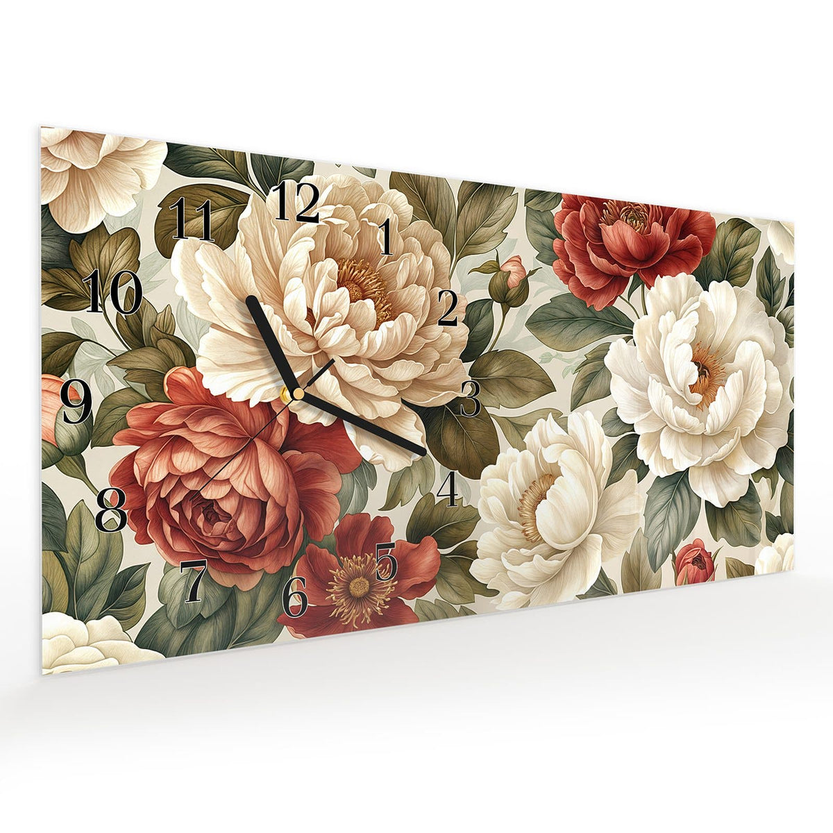 Vormontiert – mit Schwebeeffekt – Wanduhr Florales Blütenmuster aus Glas – Querformat 60 × 30 cm