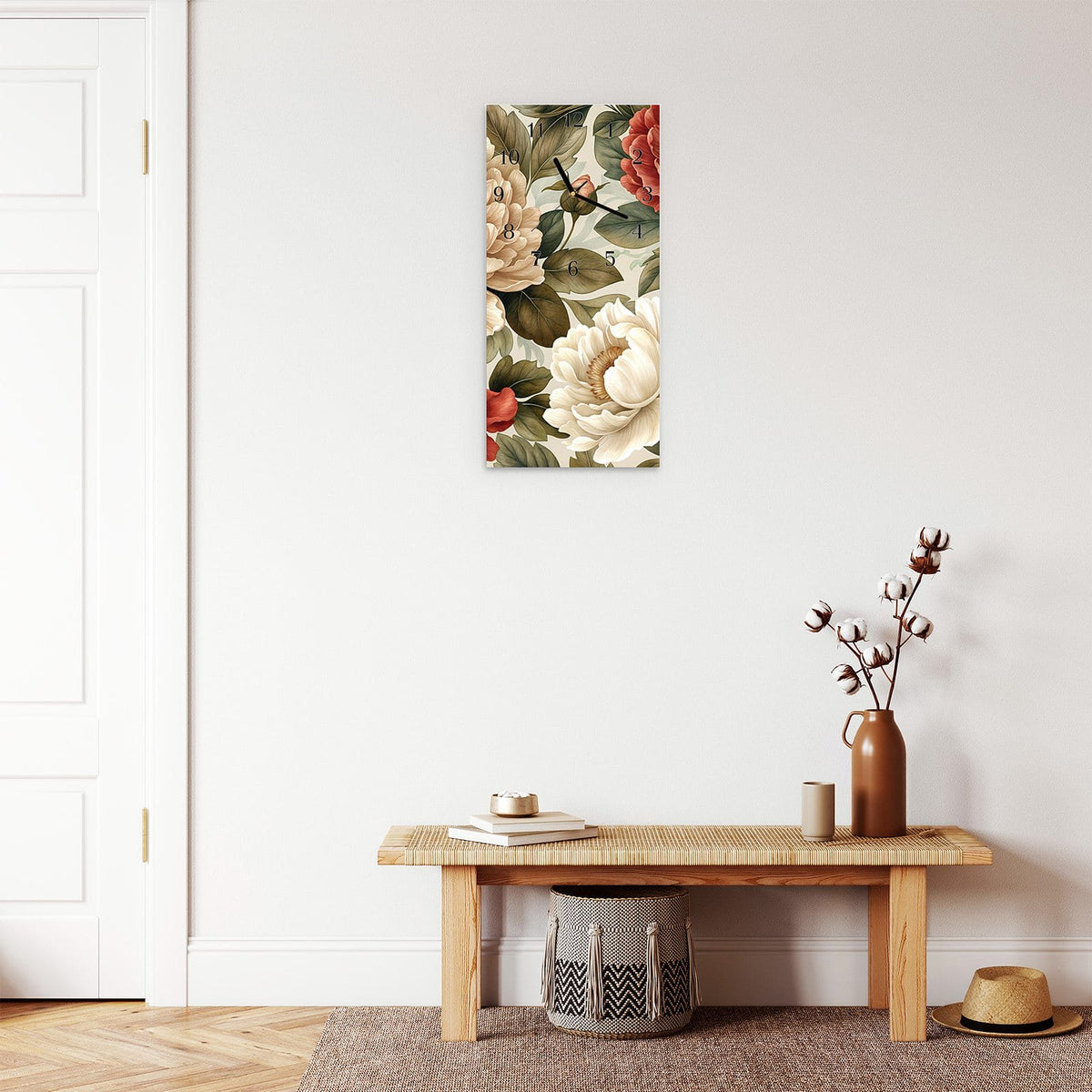 Moderne Wanduhr aus Glas mit Farbtiefe – Wanduhr Florales Blütenmuster aus Glas – Hochformat 30 × 60 cm