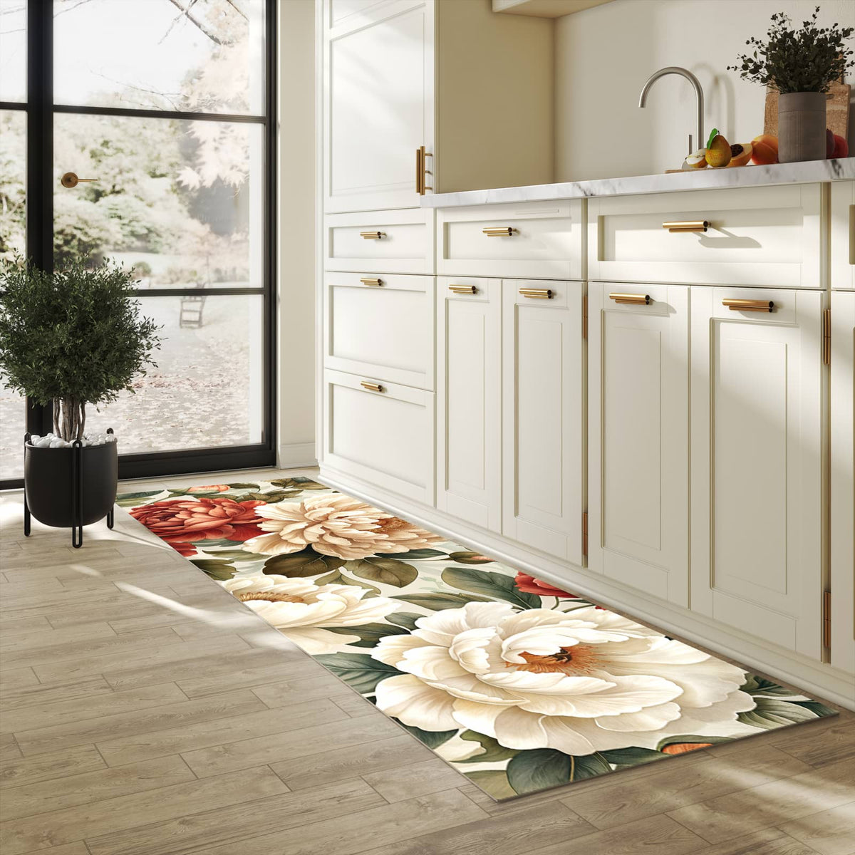 Rutschfester Küchenteppich mit Motiv Florales Blütenmuster in heller Küche