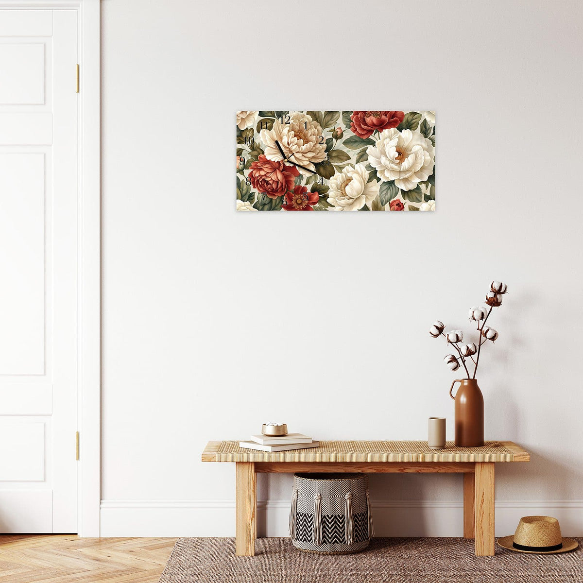 Moderne Wanduhr aus Glas mit Farbtiefe – Wanduhr Florales Blütenmuster aus Glas – Querformat 60 × 30 cm