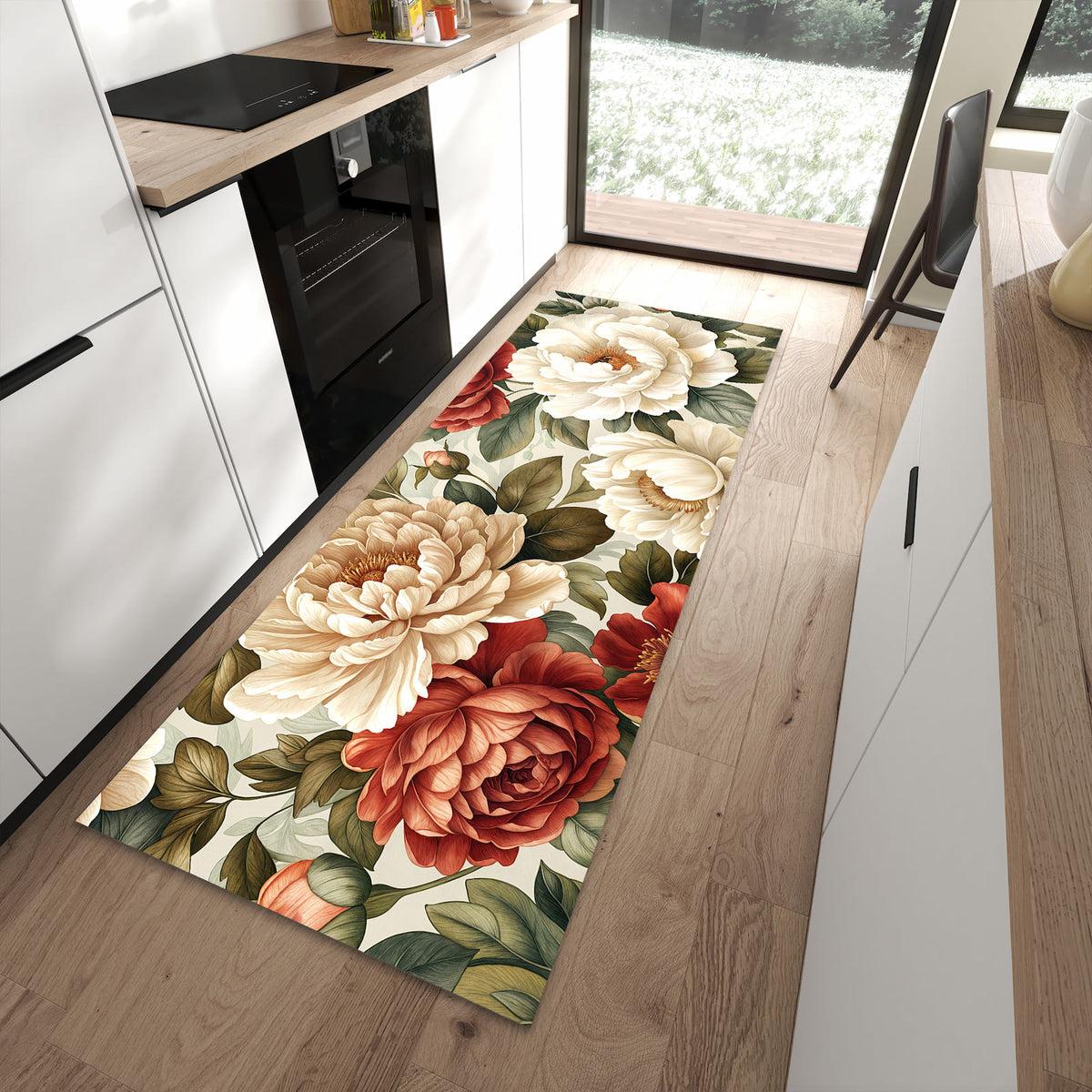 Geruchsneutraler rutschfester Küchenteppich mit Motiv Florales Blütenmuster in moderner Küche