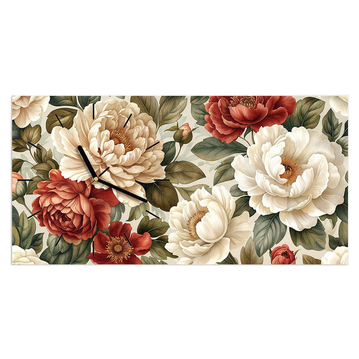 Wanduhr Florales Blütenmuster aus Glas – Querformat 60 × 30 cm mit Ziffernblatt Linie