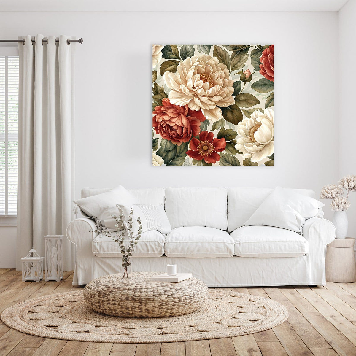 Glasbild Pfingstrosenmuster an der Wand – Musterfläche aus cremeweißen und roten Pfingstrosen mit olivgrünen Blättern