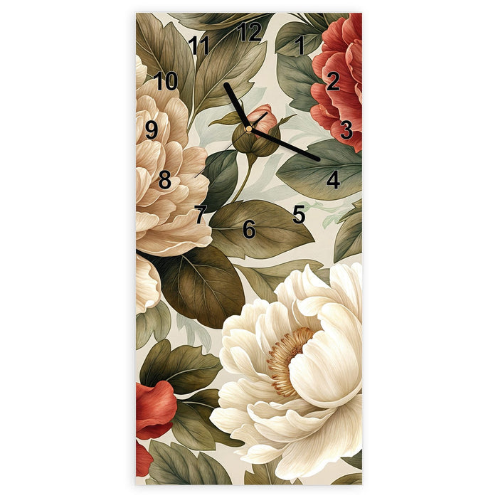 Wanduhr Florales Blütenmuster aus Glas – Hochformat 30 × 60 cm mit Ziffernblatt Modern