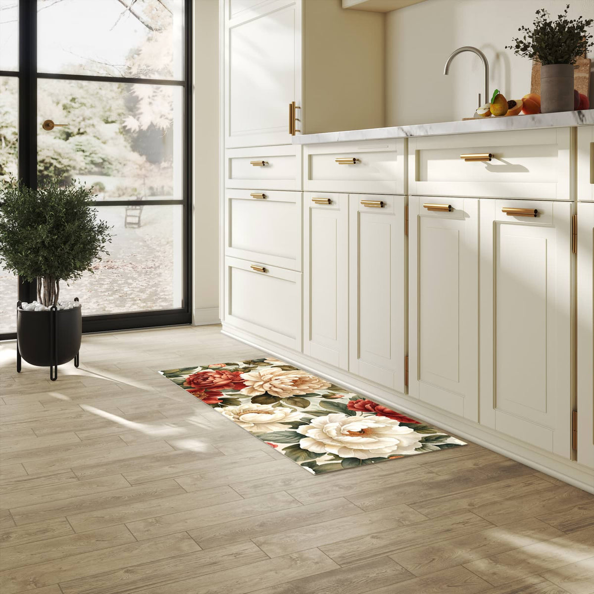 Komfortabler Teppich fürs Esszimmer mit Motiv Florales Blütenmuster in heller Küche, waschbar