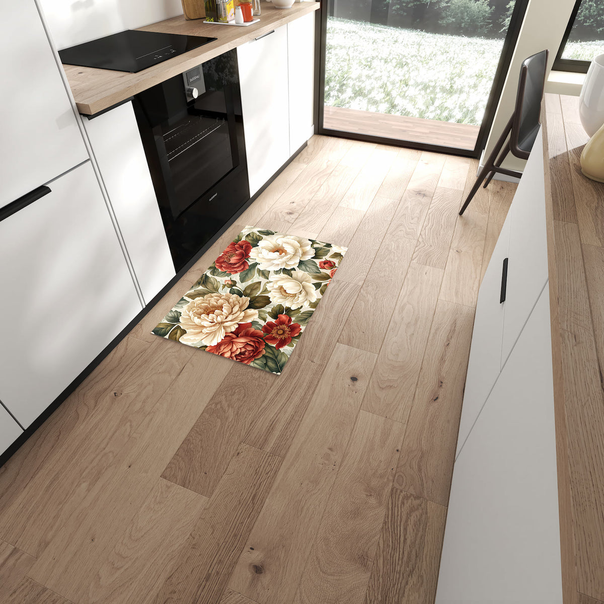 Abriebfester rutschfester Küchenteppich mit Motiv Florales Blütenmuster in moderner Küche