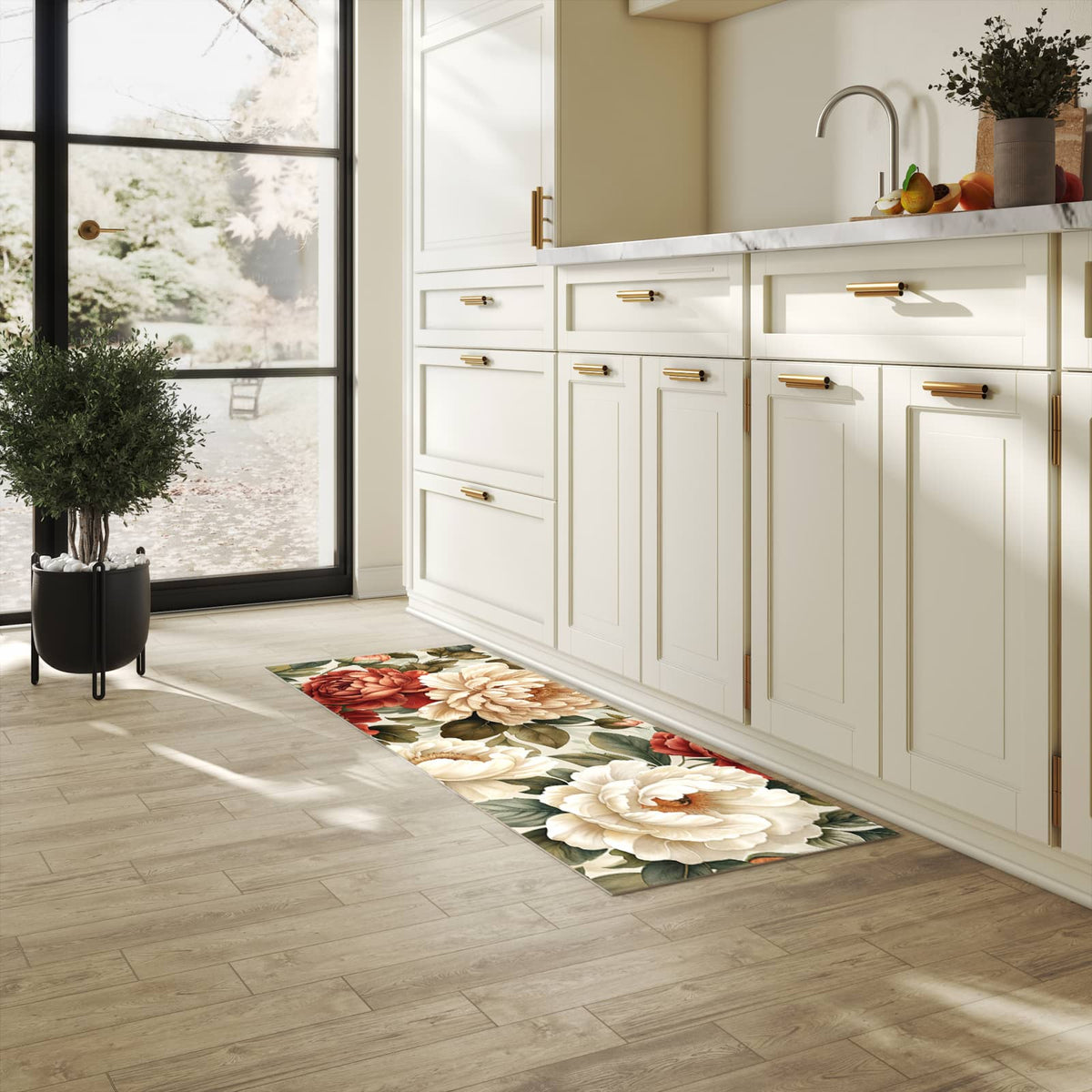 Rutschfester Teppich für Esstisch mit Motiv Florales Blütenmuster in heller Küche