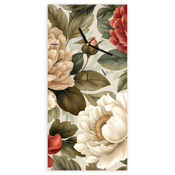 Wanduhr Florales Blütenmuster aus Glas – Hochformat 30 × 60 cm mit Ziffernblatt Linie