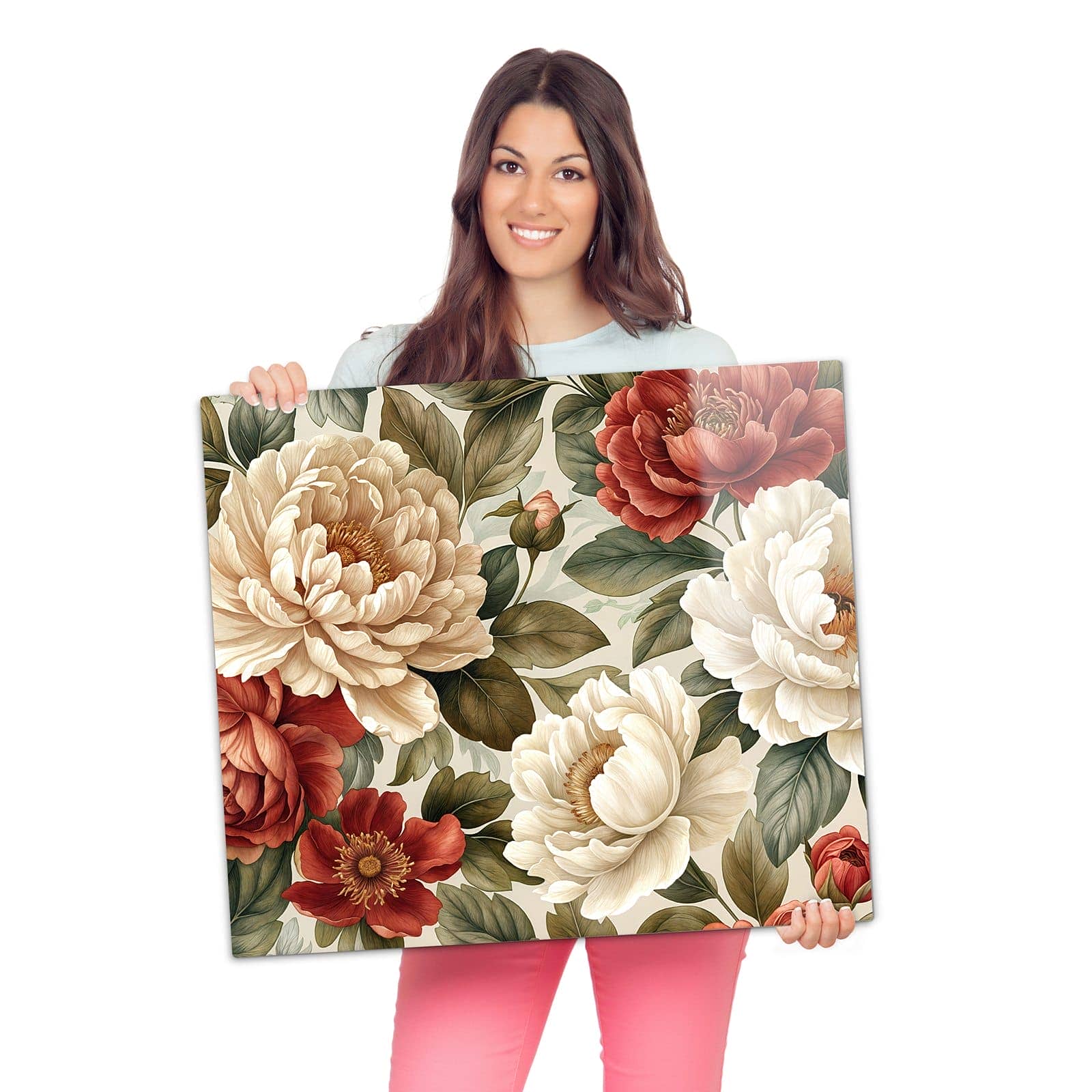 Herdabdeckplatte mit Florales Blütenmuster-Motiv wird zur Größendarstellung gehalten