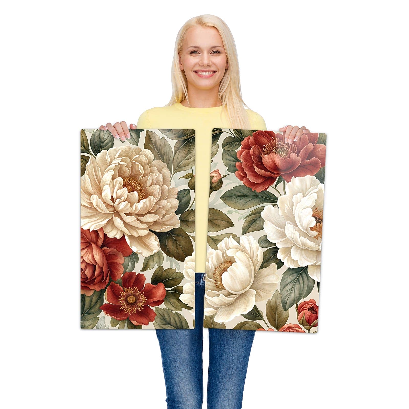 2-teilige Glasplatte für Herd mit Florales Blütenmuster-Motiv wird zur Größendarstellung gehalten