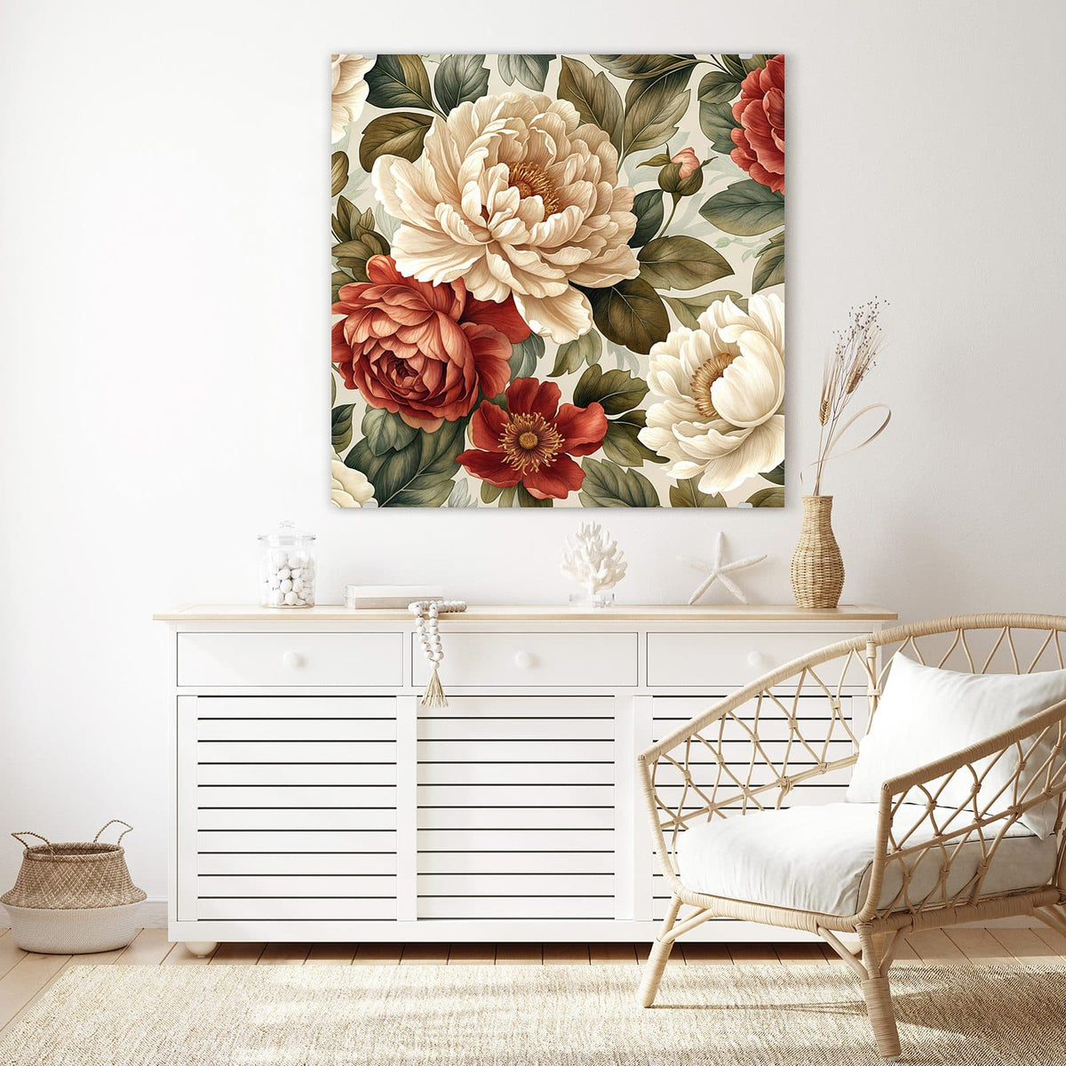 Glasbild Pfingstrosenmuster an der Wand – Musterfläche aus cremeweißen und roten Pfingstrosen mit olivgrünen Blättern