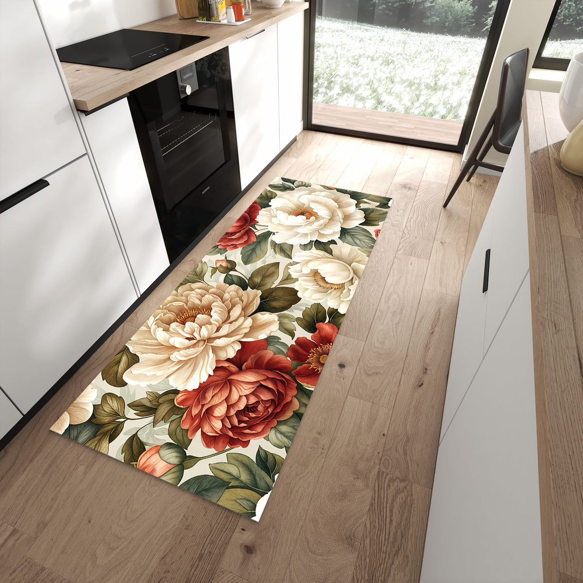 UV-beständiger Bodenläufer mit Motiv Florales Blütenmuster in moderner Küche