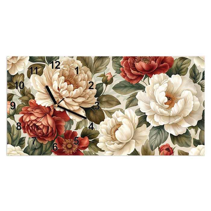 Wanduhr Florales Blütenmuster aus Glas – Querformat 60 × 30 cm mit Ziffernblatt Modern
