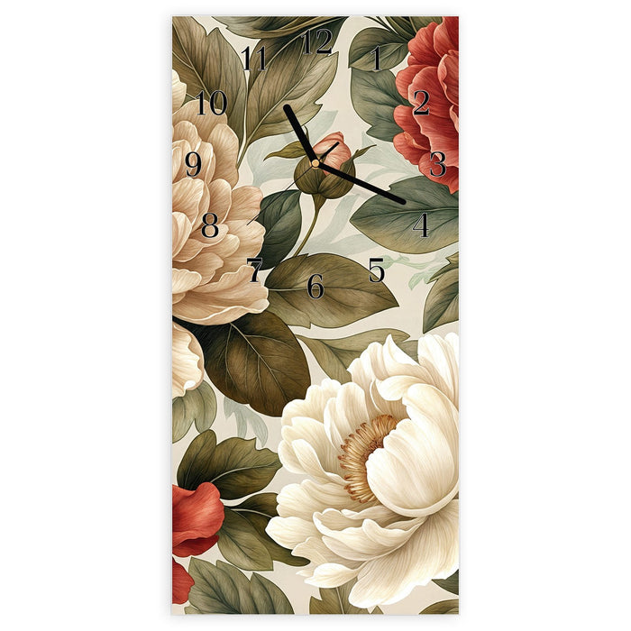 Wanduhr Florales Blütenmuster aus Glas – Hochformat 30 × 60 cm mit Ziffernblatt Klassisch
